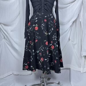 Vintage Indie Boho Floral Black Midi Skirt (M)